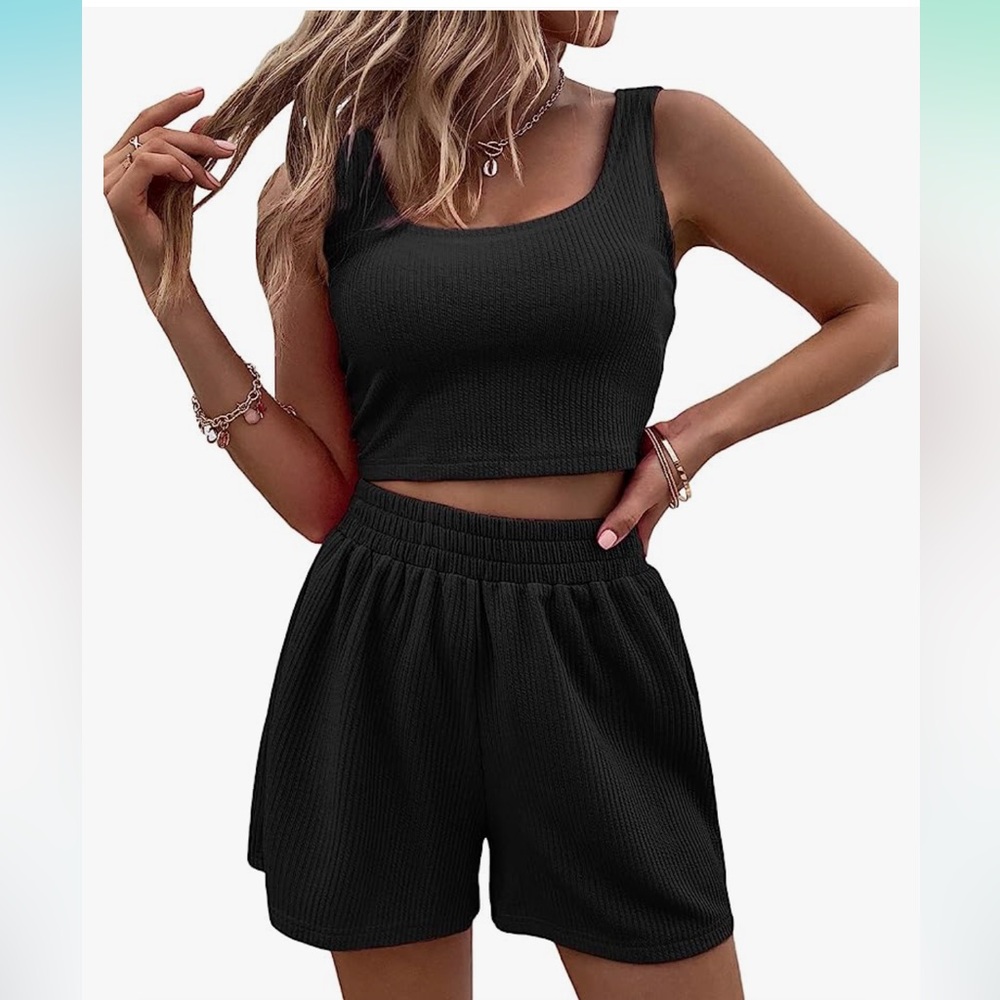 Women's 2 Piece Ribbed Crop Tank Top and Shorts Tracksuit Set